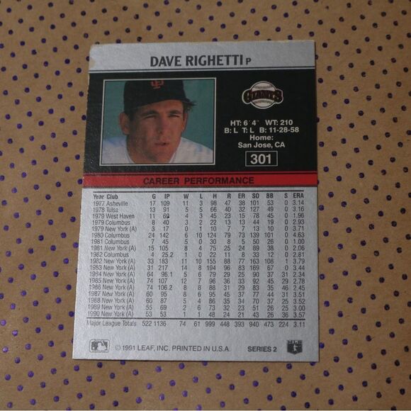 Dave Righetti #301 Baseball Card - Picture 2 of 2